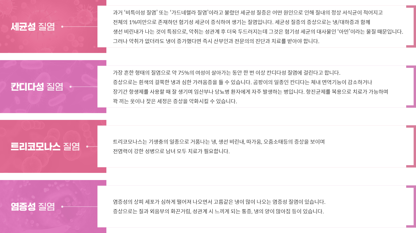 질염종류 세균성질염 칸디다성 질염
트리코모나스 질염 염증성 질염